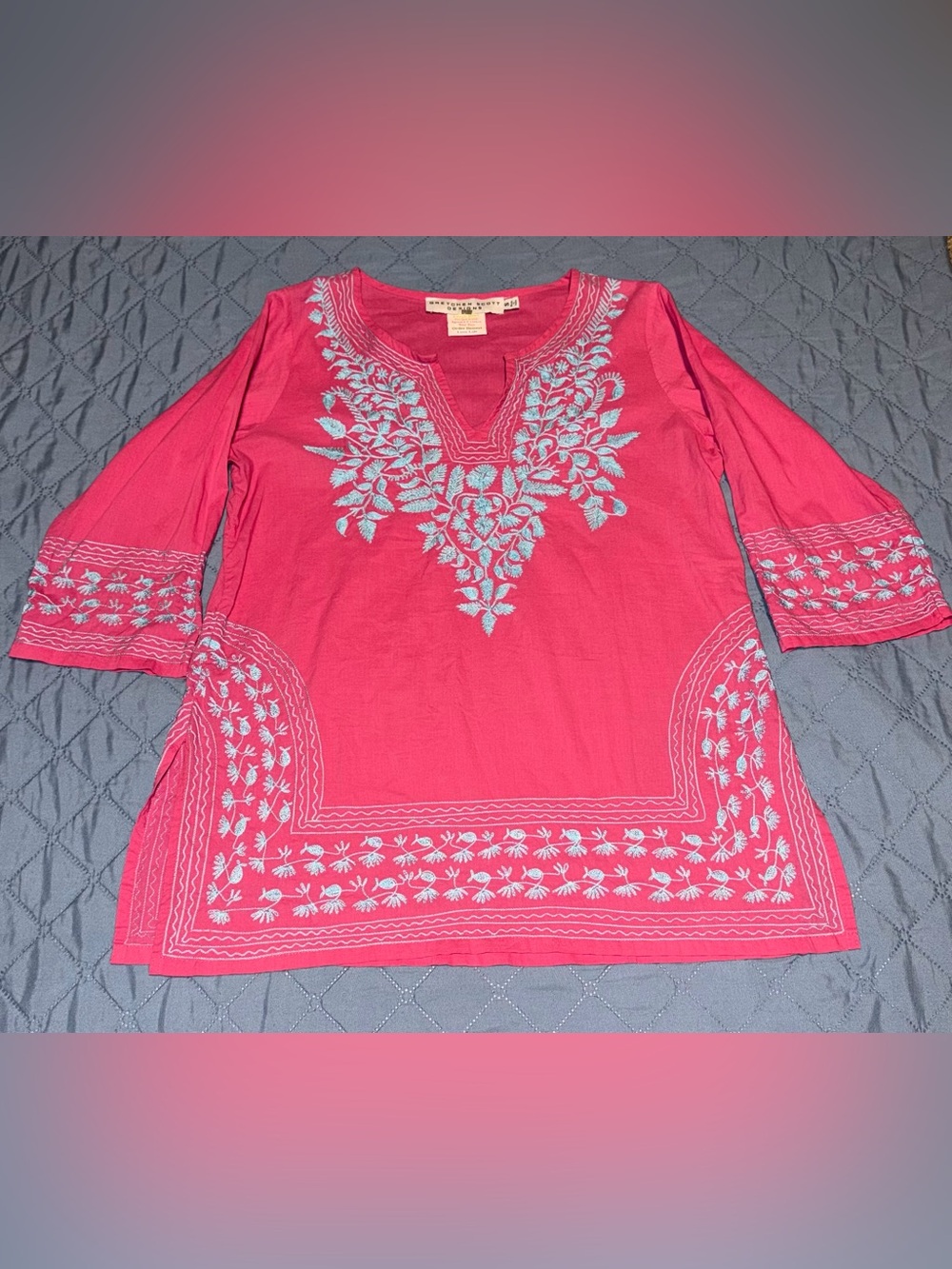 Gretchen Scott Designs Pink Tunic with Light Blue Embroidery